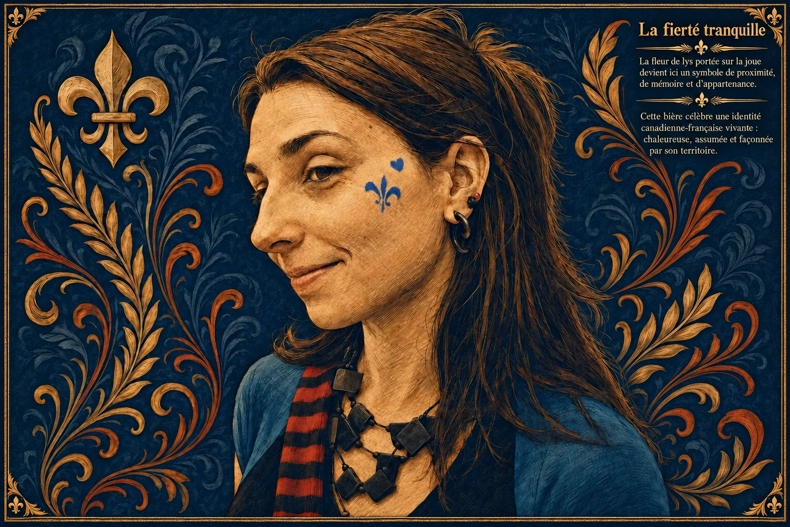 La fierté tranquille : grand portrait de Johanne sur fond bleu et or avec fleur de lys, texte en haut à droite