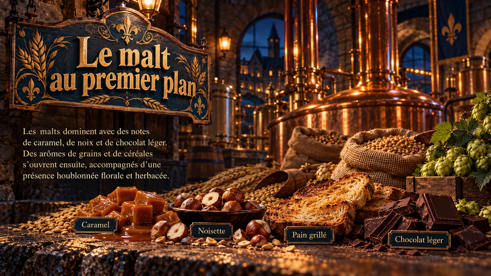 Le malt au premier plan : caramel, noisette, pain grillé et chocolat léger