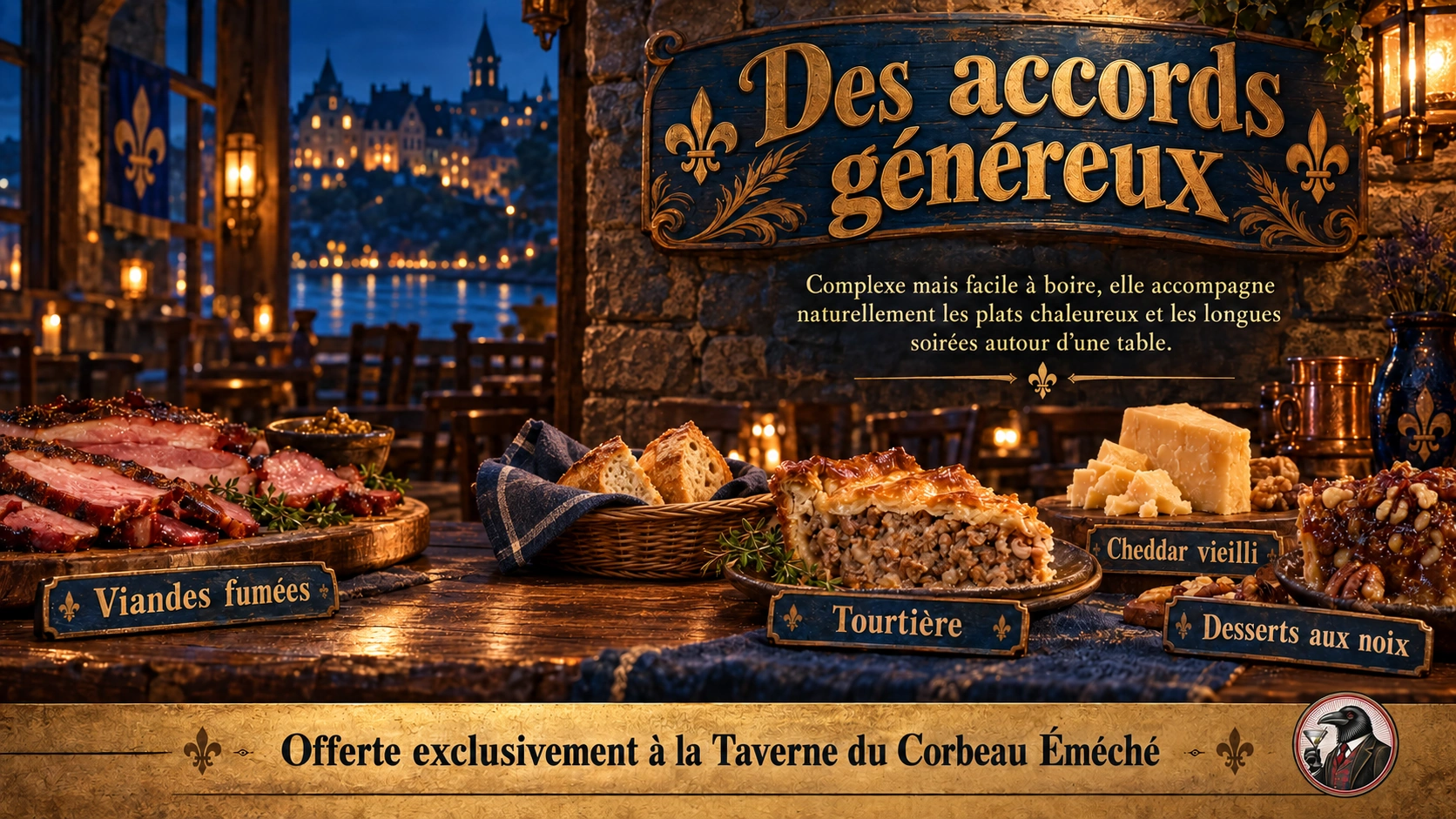 Des accords généreux : viandes fumées, tourtière, cheddar vieilli et desserts aux noix. Offerte exclusivement à la Taverne du Corbeau Éméché.