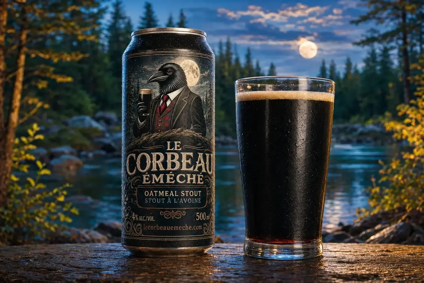 Le Corbeau Éméché servi dans un verre, au bord d’un lac sous la lune