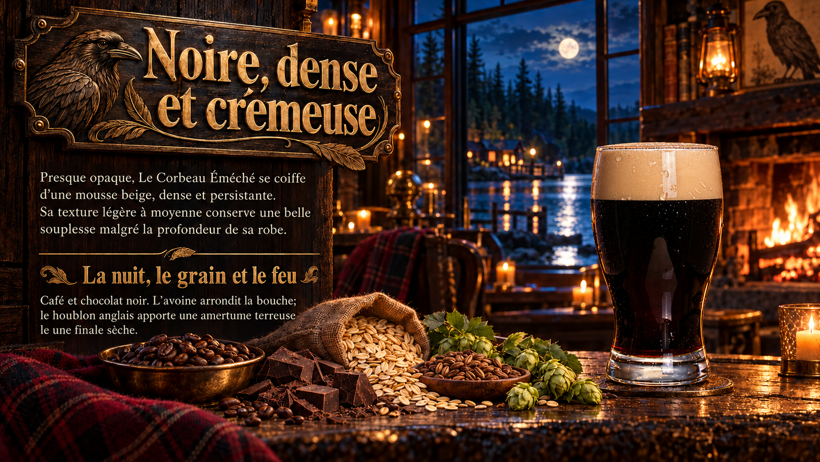 La stout noire à mousse beige devant le lac et le foyer
