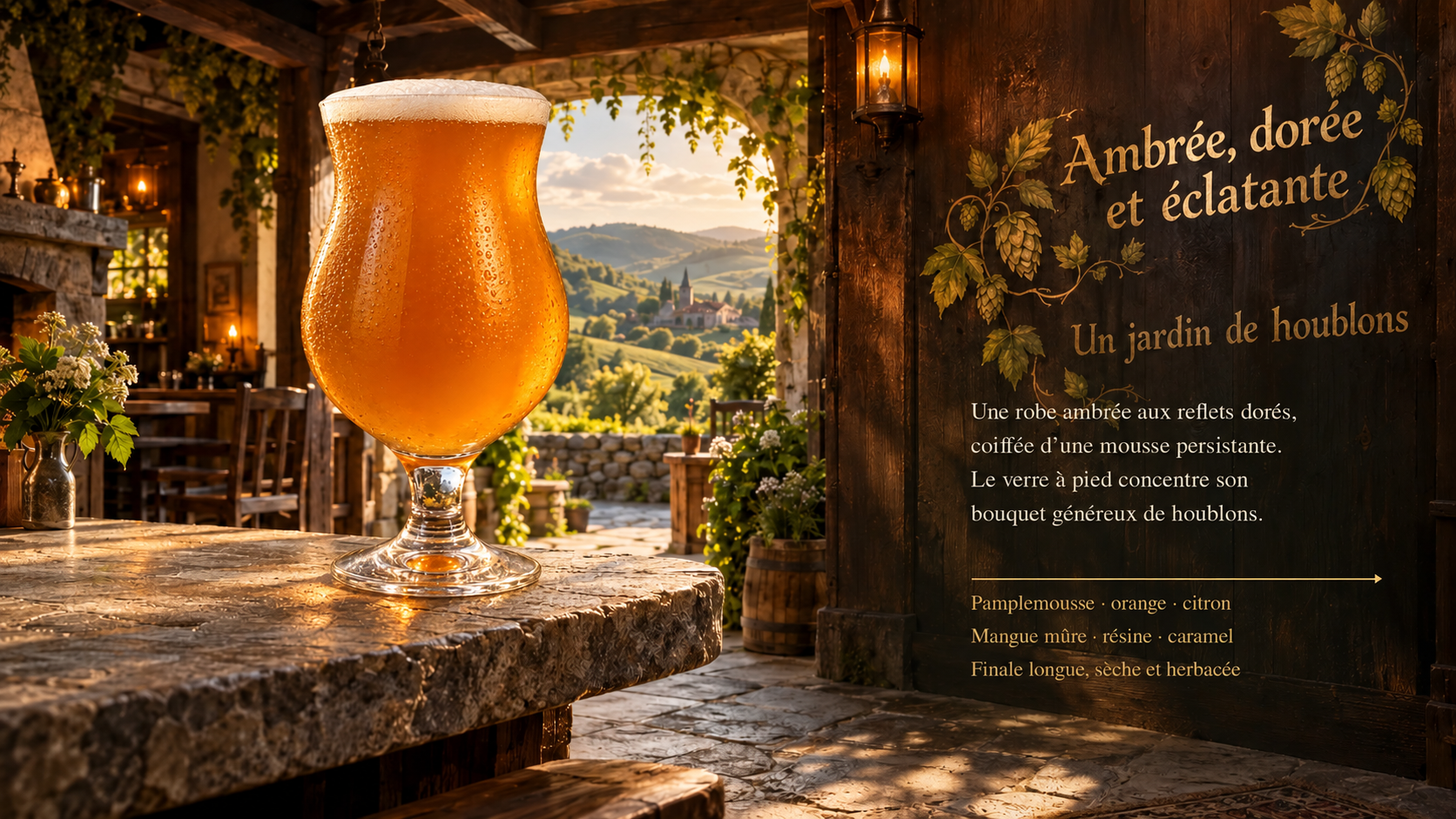 La bière ambrée dans son verre à pied, à la taverne