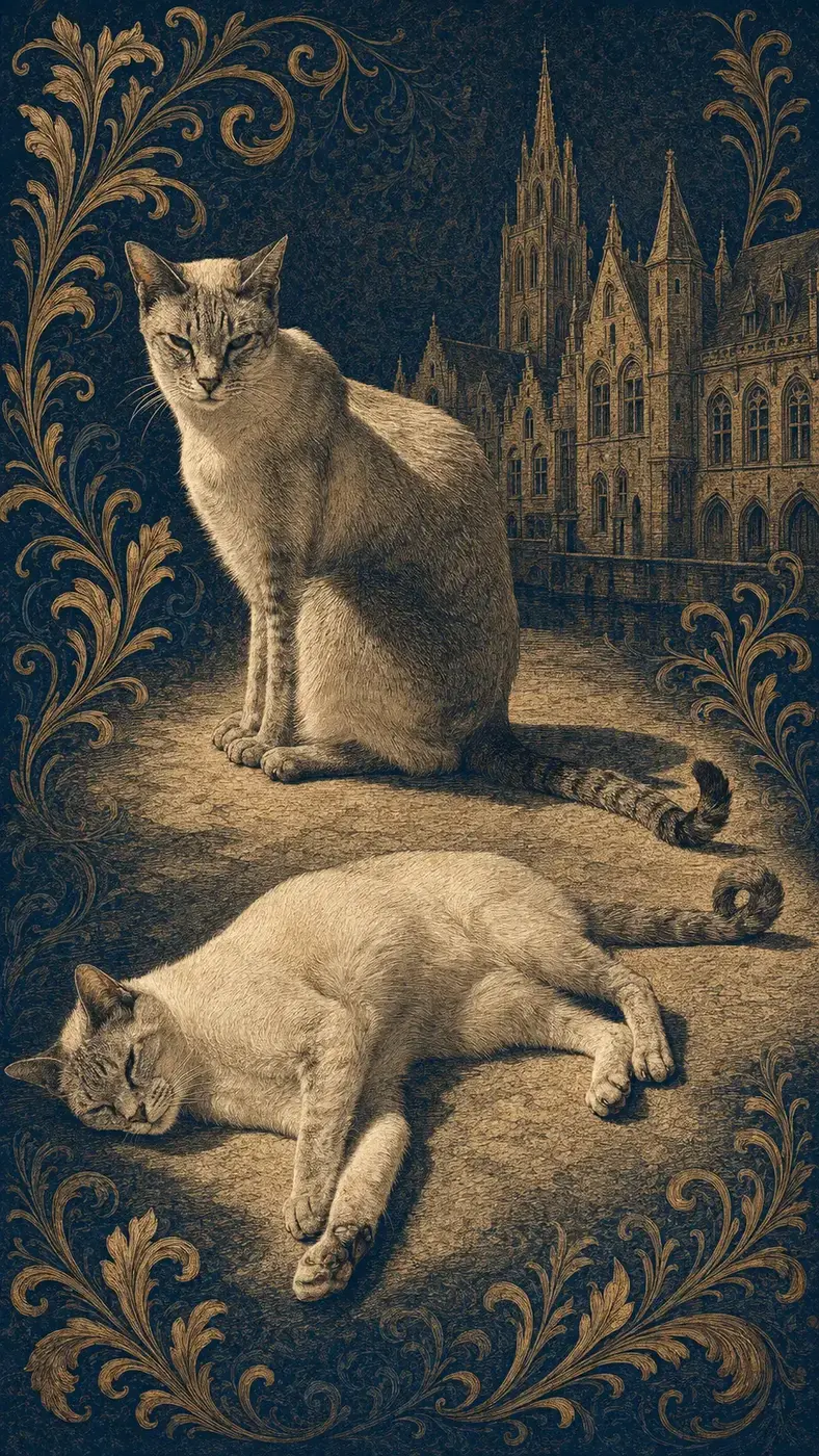 Les véritables Loki et Luna dans une illustration gravée inspirée de Bruges