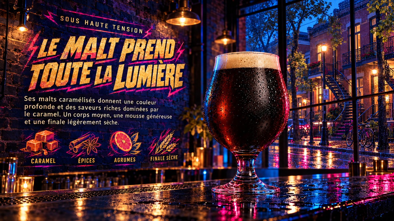 Verre de bière ambrée sur le comptoir, face aux lumières de Montréal