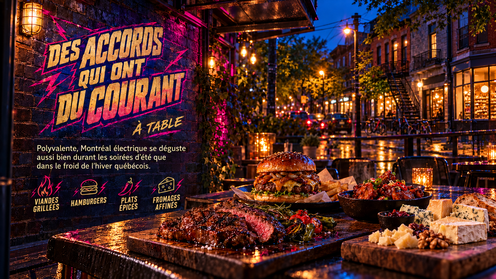 Accords de Montréal Électrique : grillades, hamburger, plat épicé et fromages