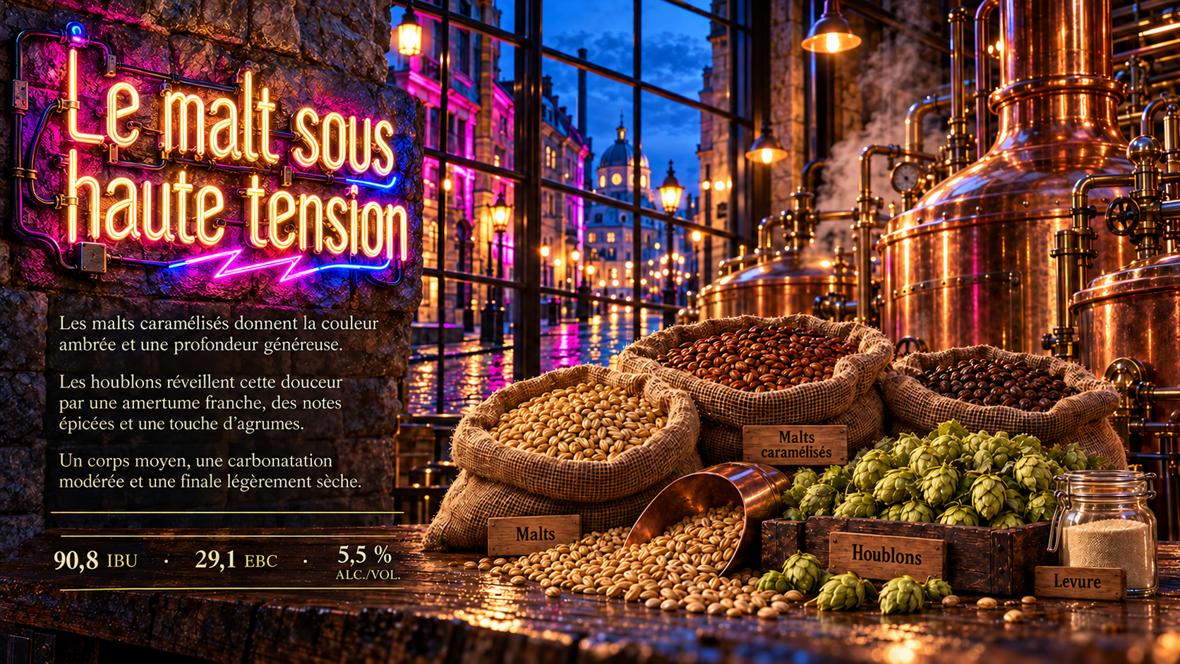 Le malt sous haute tension : titre en néon, cuves de brassage en cuivre et ingrédients dans le Vieux-Montréal