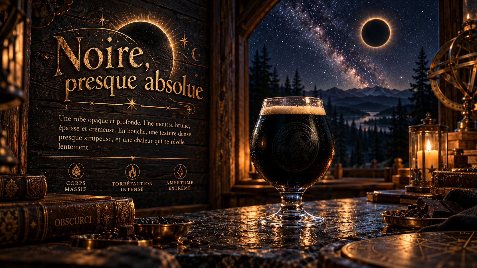 Noire, presque absolue : le verre de stout devant la forêt étoilée