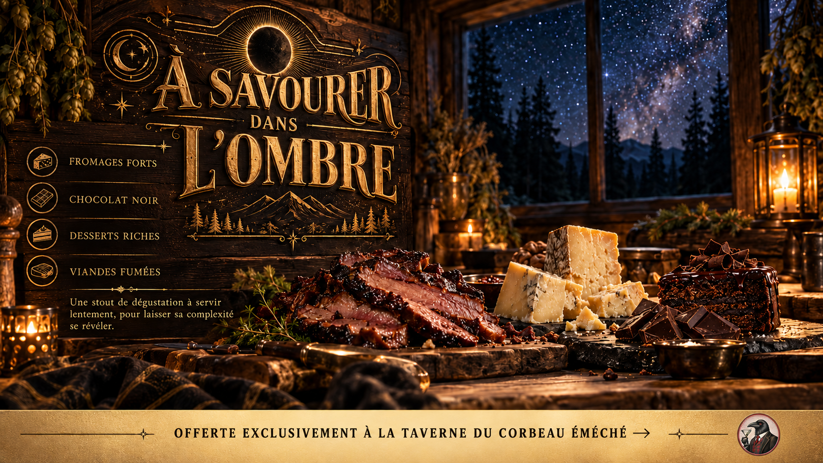 Accords gourmands et petit logo de la taverne dans la bande dorée