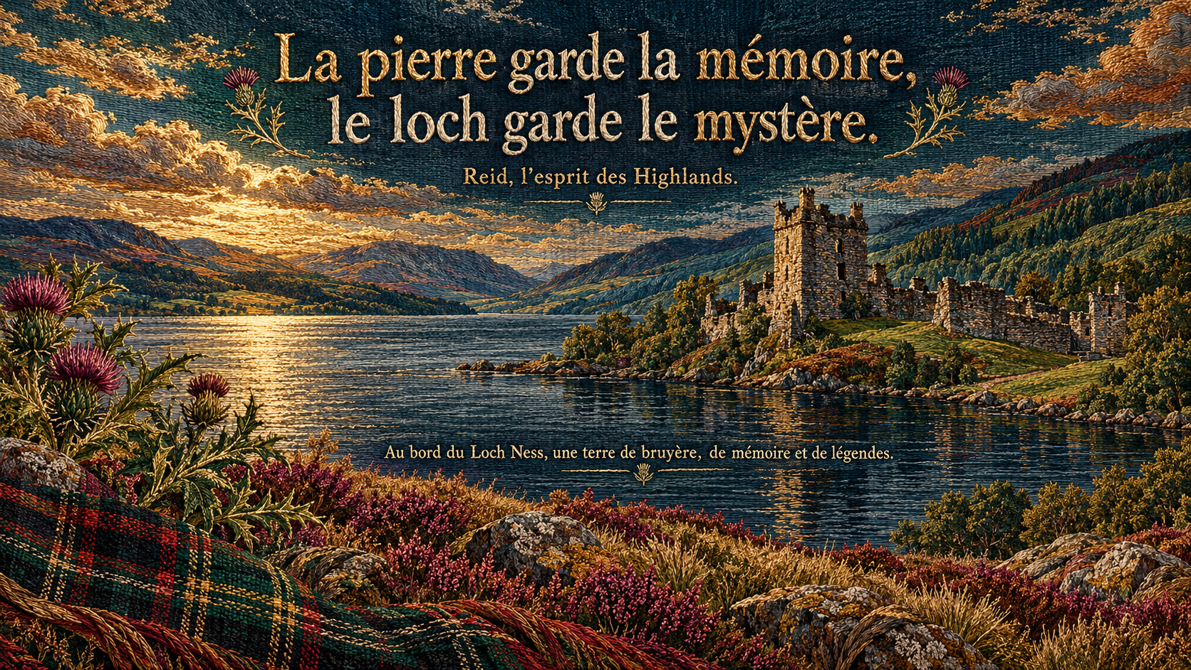 Tapisserie écossaise de Reid : la pierre garde la mémoire, le loch garde le mystère