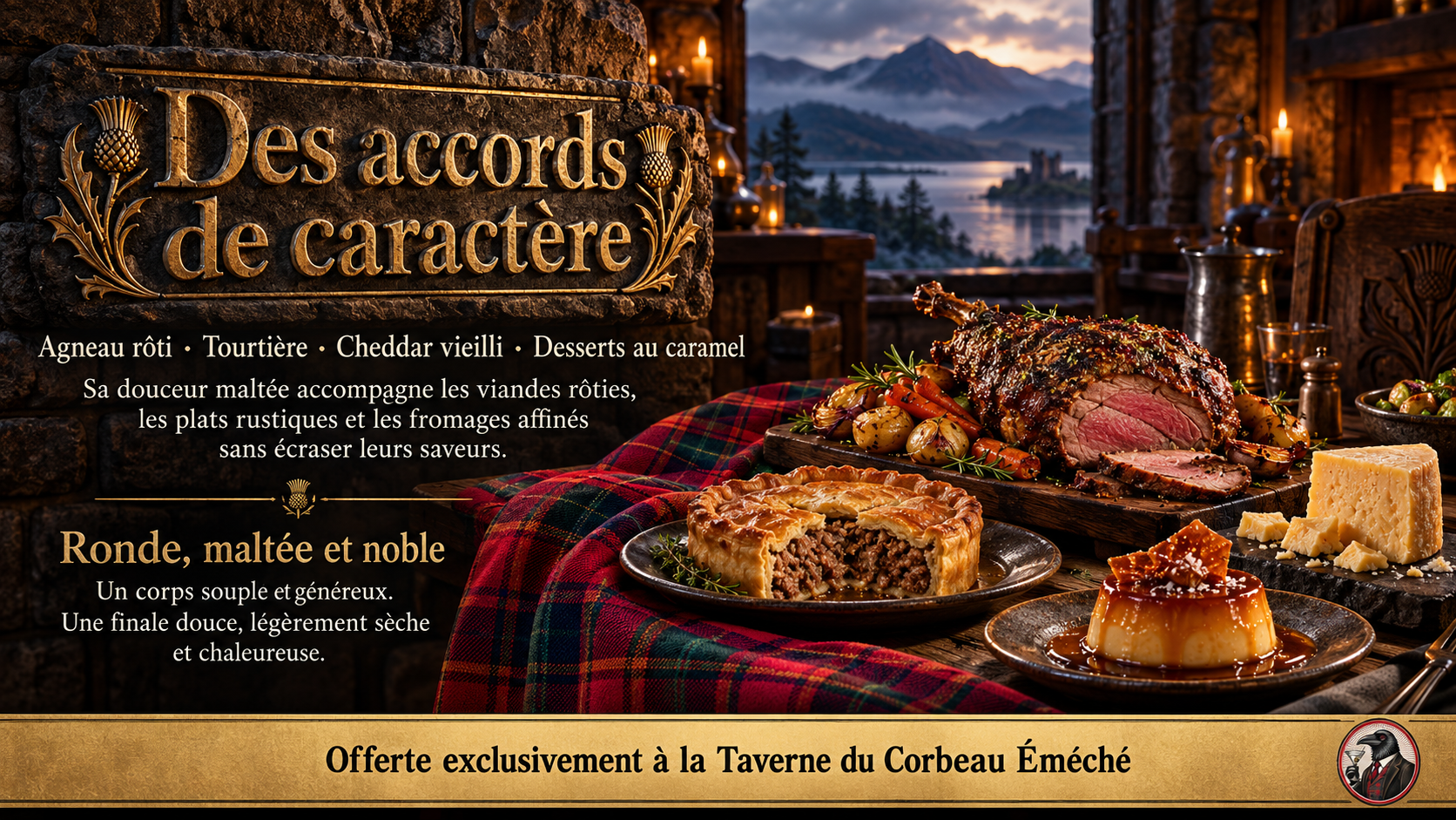 Accords de caractère et petit logo de la taverne dans la bande dorée