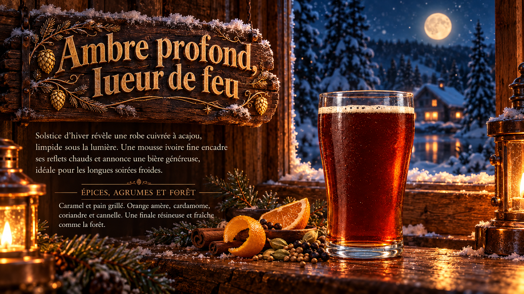 Le verre acajou de Solstice d’hiver dans un chalet au clair de lune