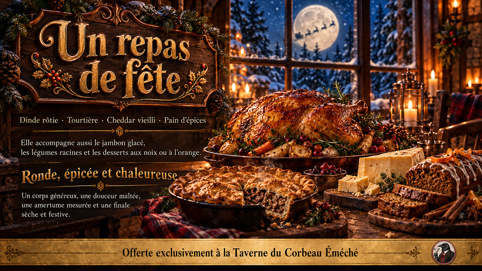 Un repas de fête et le petit logo de la Taverne du Corbeau Éméché