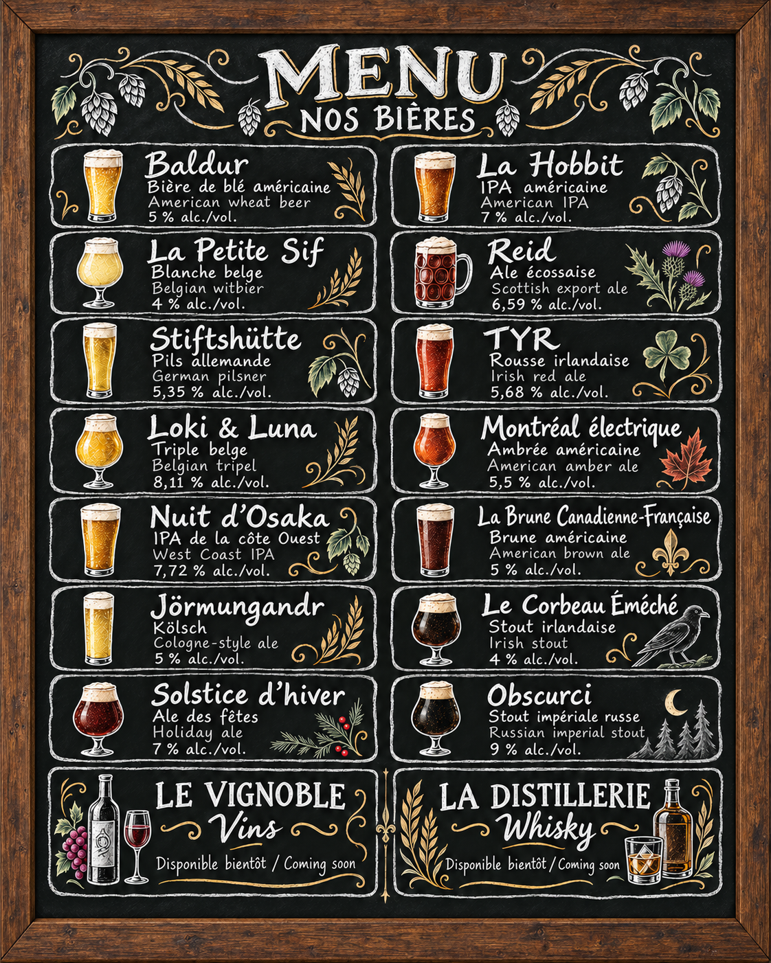 Menu de la taverne écrit à la craie, encadré en bois : quatorze bières avec leurs descriptions en français et en anglais. Vins et whisky disponibles bientôt.