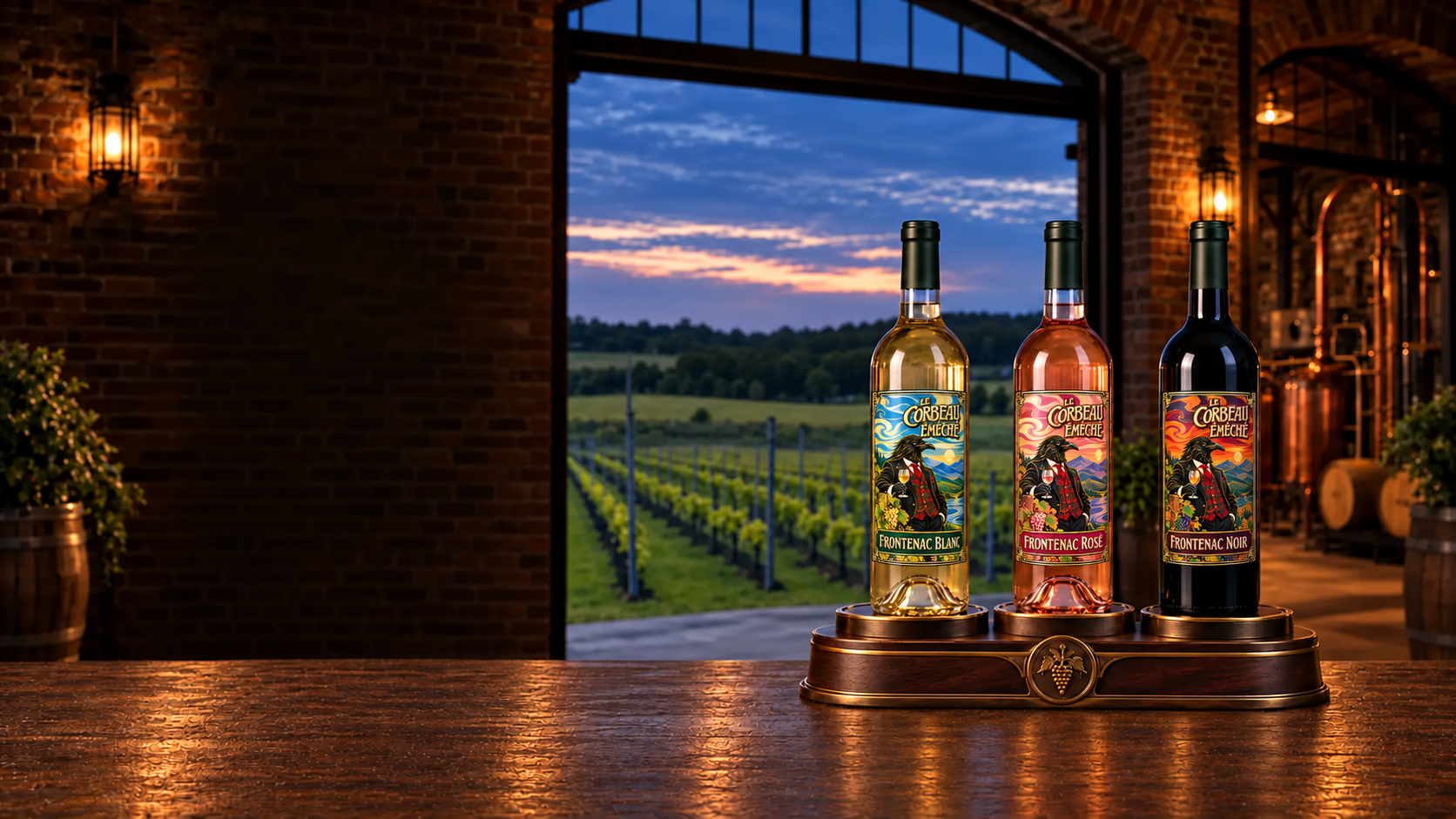 Les bouteilles Frontenac blanc, Frontenac rosé et Frontenac noir sur un présentoir en bois et bronze; chaque corbeau tient un verre de la couleur de sa cuvée.