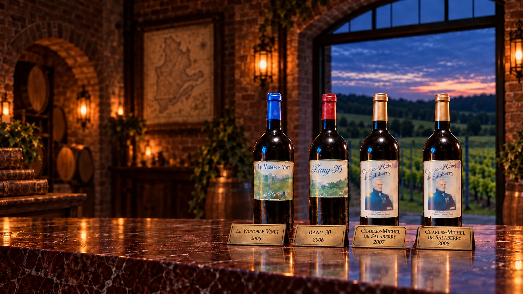 Les quatre cuvées historiques du vignoble, 2005, 2006, 2007 et 2008, présentées devant leurs plaques dans le chai au crépuscule.